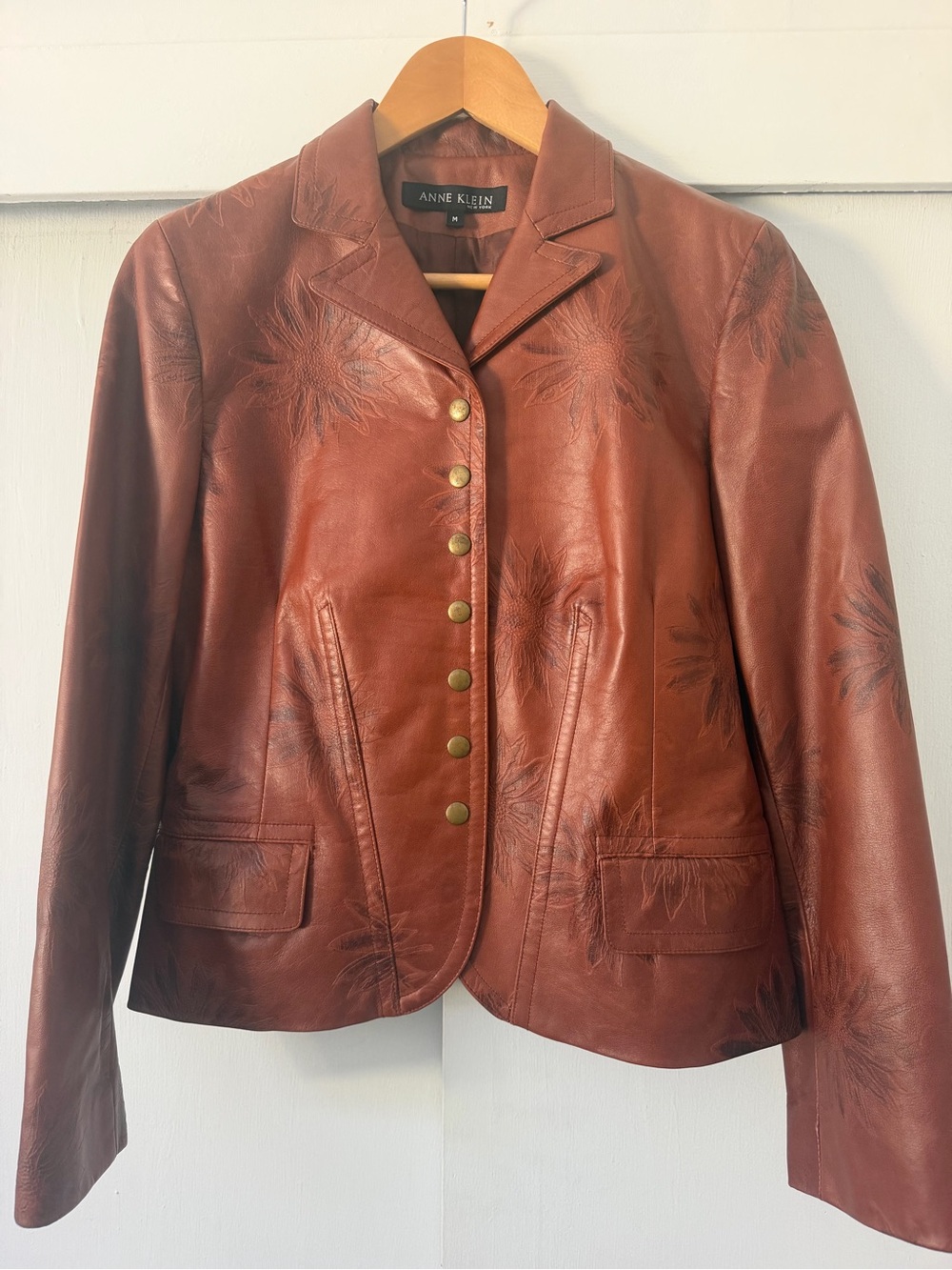 Anne Klein Rust Leather Blazer Jacket - Floral Etchings & Snaps (Size M)